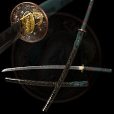 Damascus Steel Japanese Samurai Katana Sword Full Tang Sharp Blade Fish Tsuba picture
