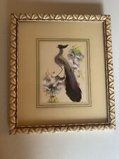 Vintage Painting REAL Feather Bird From Mexico Folk Art PEACOCK Prof. Framed 7x8 picture