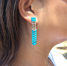 Handcrafted Zuni Turquoise Inlay Dangle Earrings Native American Sterling Silver picture