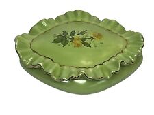 Vintage Porcelain Green With Rose Trinket Dish With Ruffled Edge Lid picture