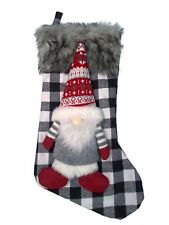 19” Christmas Stocking Male Boy Gnome Doll Plush Black Buffalo Plaid Faux Fur picture