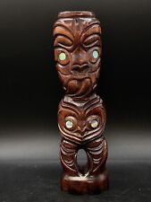 Maori Tiki Wooden Carved Statue New Zealand Teko Teko Paua Shell Eyes 9.5” picture
