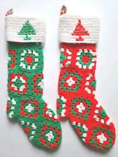2 Vtg Crocheted Christmas Stockings Granny Square PAIR Chic Tree Design X-stitch picture