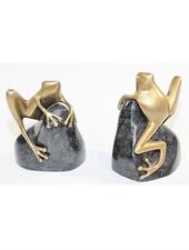 Art Deco -Cast Polished Brass Frogs on a Rock Bookends, circa 1940 picture