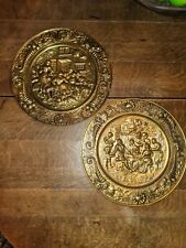 Qty (2) Vtg Embossed Brass Wall Plates 14 1/4 Made in England Tavern Scenes picture