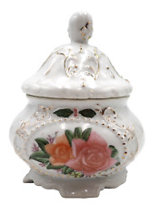 Vtg White Porcelain Trinket Box Roses Floral Gold 4 footed Jewelry Jar Knicknack picture