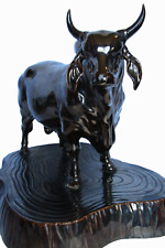Glossed Black Vintage Bull Bronze Ceramic Figurine picture