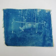 Cyanotype Photograph On Cloth Men Hunting Carry Deer in Woods Antique 1800s RARE picture