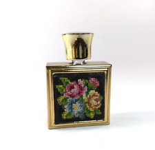 Vintage Gold Metal Frame Roses Needlepoint Mini Perfume Bottle Collectible 2