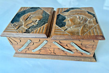 Antique Hand Carved Wooden Jewelry Box~Hinged Compartments~Peasant Man & Woman picture