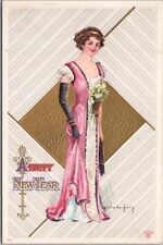 c1910s HAPPY NEW YEAR Embossed Postcard Glamour Fashion / Artist R. FORD HARPER picture