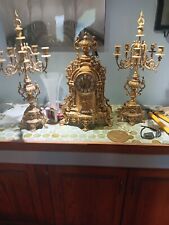 Franz Hermle Brass Mantle Clock Garniture Set Italian Imperial Gothic Vintage picture