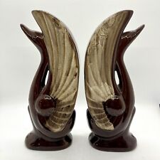 Vintage MCM Brown Drip Glaze Swan Bird Figurine Bookends Redware Pottery picture