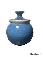 Large Blue Ceramic Covered Jar Trinket Dish Candy Dish With Lid Handmade picture