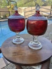 Vintage Indiana Glass Diamond Point Lid  Cranberry Pedestal Round Candy Dish Set picture