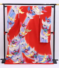 Kimono Furisode Large Long-Sleeved , Used, Red Background, Crepe Style, Flying C picture
