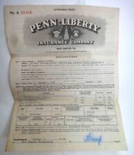 1948 vintage PENN-LIBERTY AUTOMOBILE INSURANCE POLICY bonsall coatesville pa picture