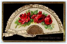 1913 Birthday Greetings Fan Red Roses Design Gel Gold Gilt Antique Postcard picture