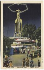 Postcard Linen Amusement Park Lakeside Park, Denver, CO Circle Swing Rocket Ship picture