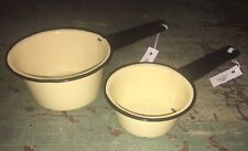 2 Antique Metal Enamel Sauce Pans 5 Inch And 6 Inch Yellow Black Handle Nesting picture
