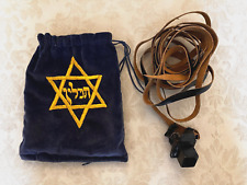 VINTAGE JEWISH JUDAICA LEATHER TEFILLIN (Head only) & EMB BLUE VELVET BAG 1950s picture