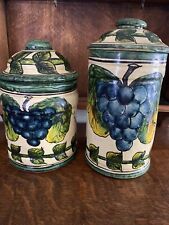 Two Vintage Casal Mexico Folk Art Signed  Lidded Hand Painted Grape Canisters picture