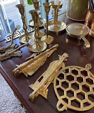 14pc Vtg/Antique Brass Lot For Kitchen: Hangers, Trivet, Candle Holders and more picture