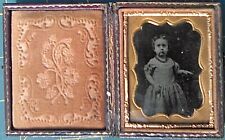 ANTIQUE TINTYPE? OF YOUNG GIRL IN LEATHER CASE WITH GOLD TRIM AROUND PICTURE picture