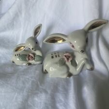 Vintage White Ceramic Porcelain Deer Doe Fawn Figurine Big Ears Rose & Gold Trim picture