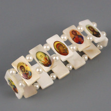 Prayer Bracelet Mother of Pearl Handmade Saint Icons Holy Land Stretch Beads picture