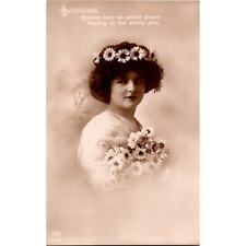 Vintage Edwardian Postcard Woman RPPC 1900's Blossoms Quote Daisies in Hair picture