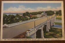 Linen Postcard PM 1949 Petoskey MI Michigan, Mitchell Street Bridge picture