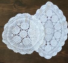 Doily Set 2 Oval Round White Vintage 1950s Hand-made Crochet Scallop Decor Gift picture
