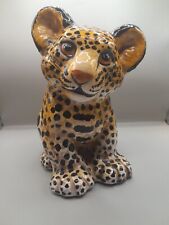 Vtg Italian MCM Terra Cotta Pottery Leopard Cub Statue 8.5” Painted Figurine picture