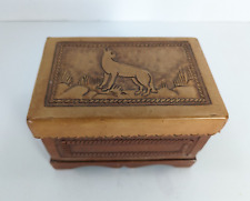 Vintage Tooled Leather Wood base Brown Jewelry Case Trinket Box with Wolf picture