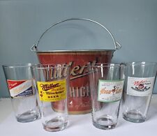 Lot Of 4 Vintage Miller High Life Beer Glasses Cups and Ice Bucket picture