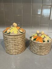 Vintage MCM Ceramic Cannister Pair Basketweave Acorn Autumn Leaves picture