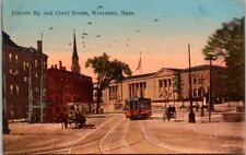 Postcard Lincoln Square &  Court House Worcester Mass Trolley  [cw] picture