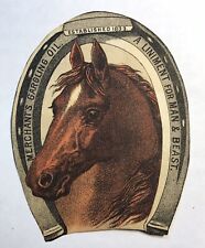 1882 Horse Merchants Gargling Oil Liniment For Man & Beast Trade Card Horseshoe picture