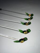 Hand Blown Art Glass Cocktail Set/5 Stirrers Parrot Bird Tropical Sticks Green picture