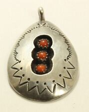 Vintage Navajo Sterling Silver Old Pawn Stamped Red Coral Shadowbox Pendant picture