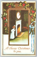 c1960s Happy Christmas Reproduction Fireplace Mistletoe Vintage Postcard picture