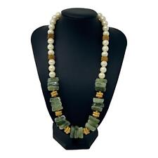 Vintage Natural Jade Gemstone Graduated Iridescent Pearl Necklace Gold Tone Bead picture