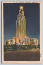 Baton Rouge Louisiana LA State Capital Building at Night Vintage c1936 Postcard picture