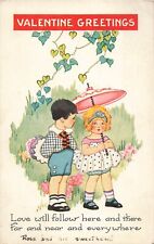 Valentine's Day Postcard Greetings Girl Umbrella Boy Poem Embossed PM 1925    L3 picture