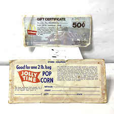 Vintage 1974 Mcdonalds 50 Cent Gift Certificate and Jolly time coupon picture