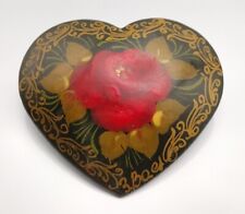 Vintage RUSSIAN LACQUER HEART PIN Hand Painted Hand Signed Rose Size 1.75