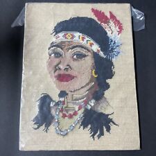 Antique 1920-1940s Native American Indian Sioux Woman Needlepoint Craft Wall Art picture