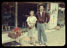 Japan Pretty Woman Man Street Scene Signs 35mm Slide 1950s Damaged picture