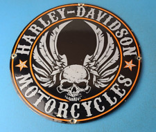 Vintage Harley Davidson Motorcycle Sign - Skull & Wings Gas Pump Porcelain Sign picture